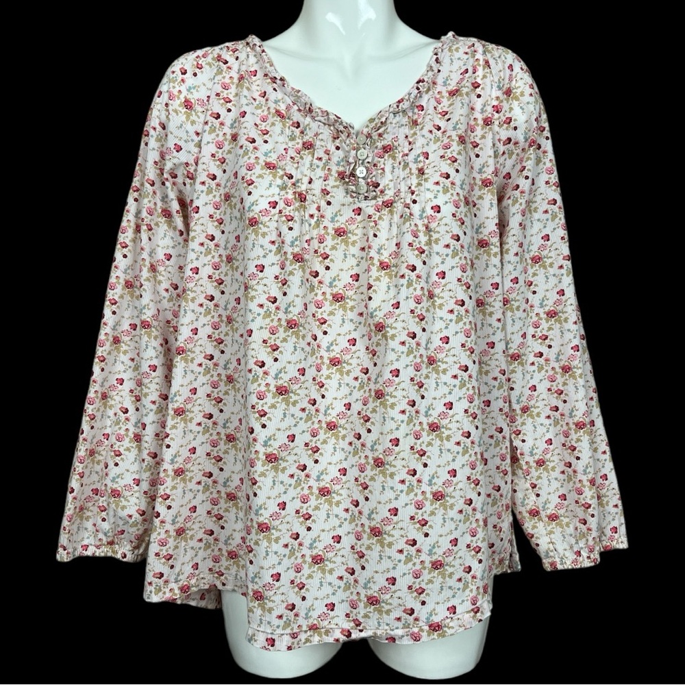 Bit & Bridle Floral Raglan Sleeve Pintuck Pleated Cotton Blouse/Top Size XL